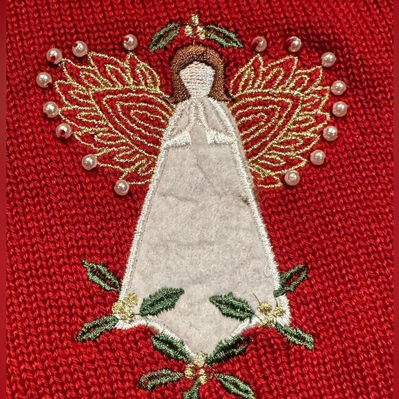 Southern Lady Christmas Angels Zip Front Sweater Vest in Red Cotton Blend Large - Picture 8 of 10